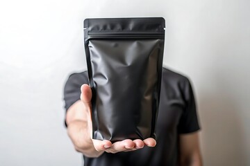 Person holding a blank black resealable stand up pouch for product packaging and branding