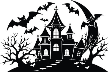 Halloween mysterious halloween night silhouette featuring a haunted house, bats, and bare trees in a vector illustration