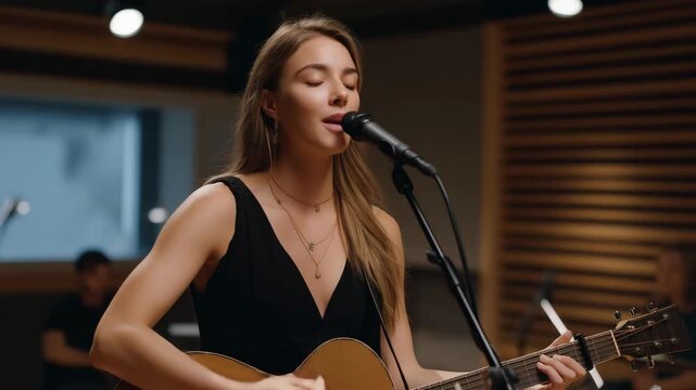 A singer auditions for a band in a rehearsal space, with a guitar strumming, a microphone stand wobbling, band members nodding, and sheet music scattered, captured in a melodic photo with string