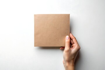 Hand holding a blank brown cardboard book cover on a white background with copy space