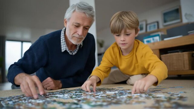 An inventive grandfather assembles a puzzle with his 6-year-old grandson on a carpeted floor scattered with pieces, reference boxes, and triumphant smiles emerging, shown in a thoughtful photo with