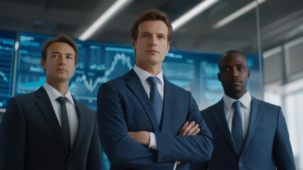 Corporate team dressed in formal suits standing before holographic panels of glowing financial dashboards, interpreting data trends and market insights in sleek office environment, symbolizing - Powered by Adobe