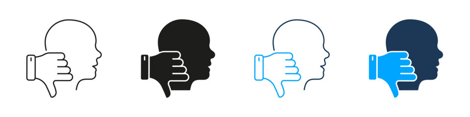 Thumbs Down With Human Head Line And Silhouette Icon Set. Negative Feedback, Disapproval, And Criticism Symbol Collection. User Experience And Opinion. Isolated Vector Illustration