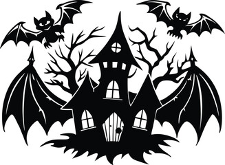 Halloween spooky haunted house with bats, a vector illustration of a scary mansion for halloween night, silhouette of a haunted house