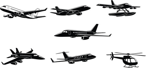 Black and white aircraft vector illustration, passenger airplane, private jet, seaplane, fighter jet, helicopter, regional jet, aviation silhouette clipart