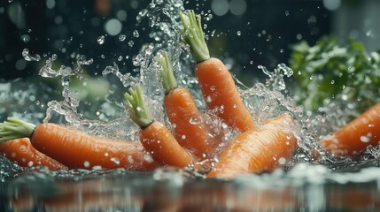 Fresh Carrots Splashing into Water with Dynamic Water Drops · Healthy Ingredient Scene