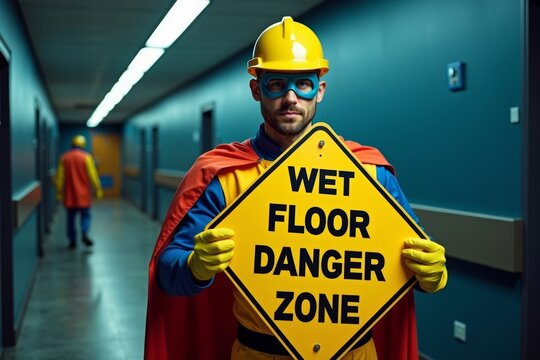Superhero Sanitation Expert: Cleaning Crusader on Alert with Wet Floor - Danger Zone Caution Sign in Epic Lighting