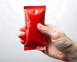 Hand holding a single serving red foil packet of ketchup or sauce against a white background