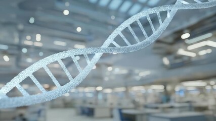 Futuristic biotechnology facility with glowing holographic DNA chains displayed in air, surrounded by advanced laboratory equipment, symbolizing precision genetic science, medical innovation, and - Powered by Adobe