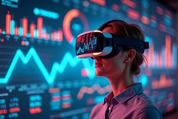 Immersed in Virtual Reality: Person Wearing VR Glasses Surrounded by Real-time Business Data Charts in a Futuristic Digital Setting