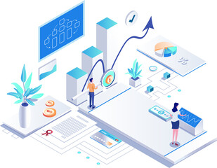 Isometric Business Analysis Scene with Graph Arrow and Data on Transparent Background