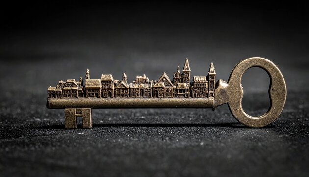 Antique key with an intricate architectural cityscape on a dark background.