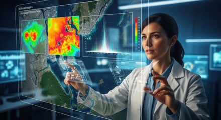 Medium shot of a scientist interpreting multimodal satellite analytics integrating NDVI thermal and hyperspectral data for comprehensive ecosystem monitoring