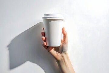 Hand holding a white disposable coffee cup with a lid casting a long shadow on a white background