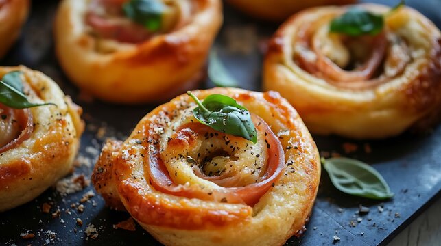 Pinwheel cookies with prosciutto basil and cheese selective focus