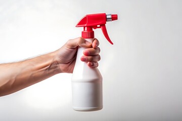 Hand holding a white spray bottle with a red trigger and nozzle for cleaning or disinfecting purposes