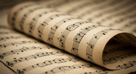Old sheet music with curled page displays musical notation.