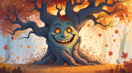 Whimsical halloween tree with a gigantic grinning face in autumn forest