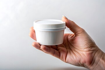 Hand holding a small white ribbed plastic container with a screw on lid against a plain background