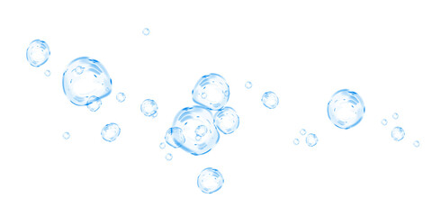 Blue soap bubbles, liquid sphere, foam freshness, underwater floating, vibrant dew, abstract shine, washing concept.