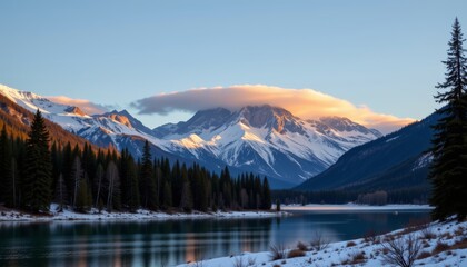 Serene sunset over snowy mountain range with pine trees tranquil valley landscape photography natural beauty panoramic view