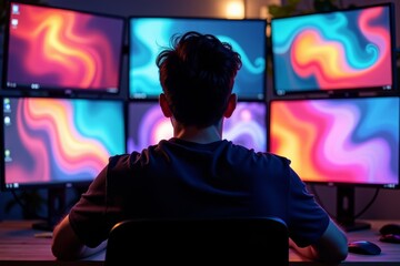 Graphic Designer Surrounded by Vibrant Digital Art on Multiple Screens