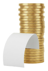 3d illustration of stack of golden coins with blank receipt isolated on transparent background, representing financial transactions
