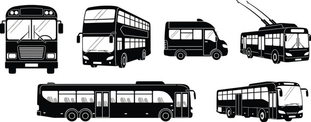 Black and white bus vector illustration, city bus, double decker, minibus, trolleybus, articulated bus, coach, public transportation silhouette clipart © MdNurunnabi