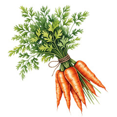 3d illustration of watercolor painting of bunch of fresh carrots with green leaves isolated on transparent background, healthy food