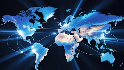 Global Network: The digital world map is awash in a vibrant, ethereal glow, symbolizing the interconnectedness of worldwide communications. Lines of light stretch across continents