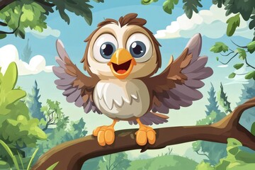 Obraz premium Cute cartoon owl bird perching on tree branch
