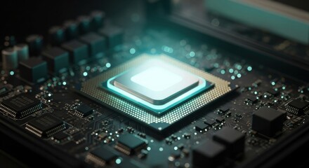 A computer processor on a circuit board with glowing blue and green lights.