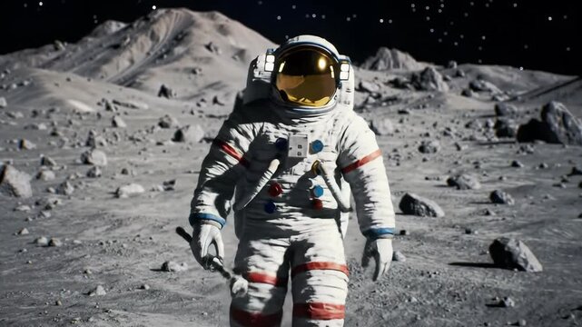 A solo astronaut in a pristine white spacesuit with gold visor traverses desolate lunar surface, holding scientific instrument. Hyper-realistic, awe-inspiring space exploration