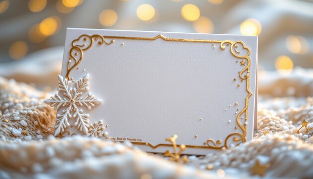 Elegant decorative blank card with gold accents holiday theme cozy setting close-up view festive concept for invitations