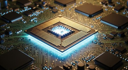 A computer processor on a circuit board with glowing components.