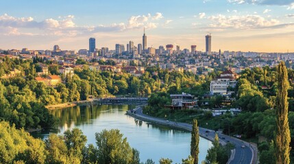Scenic View of City Skyline Overlooking a Serene River at Sunset