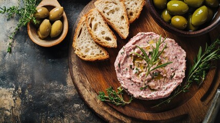 Fototapeta premium Savory Rich Pate with Fresh Herbs and Bread on Rustic Wooden Board