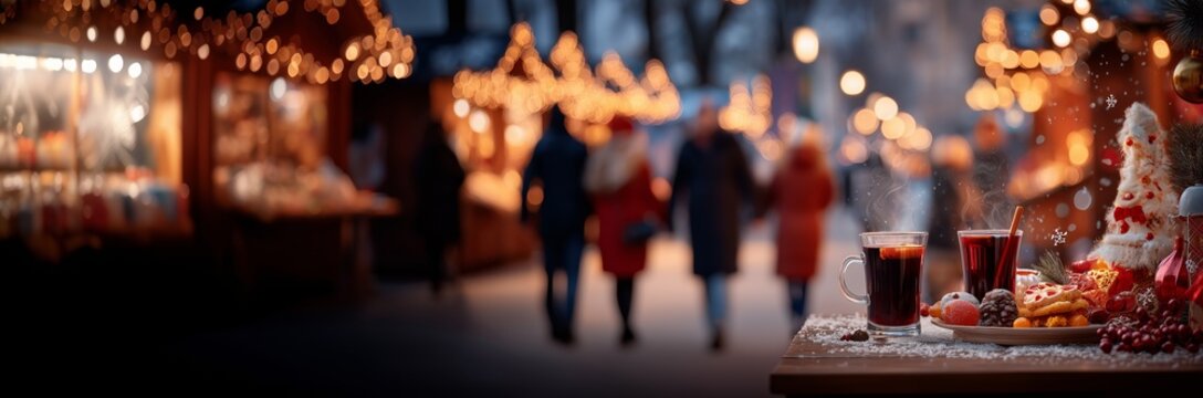 Wide Christmas banner. Christmas market filled with holiday cheer. Festive mood at New Year's Fair. Christmas shopping. People walking with joyful Christmas spirit. Steaming cups and delicious treats