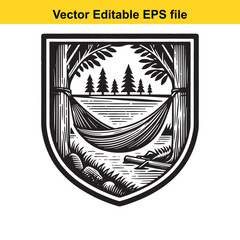 Vector art of hammock strung between trees in a forest