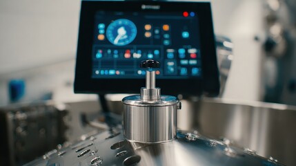 Medium shot showcasing the variablespeed automatic stirrer adjusting its blades speed for precise paint consistency with the control panel in sharp focus and surroundings out of