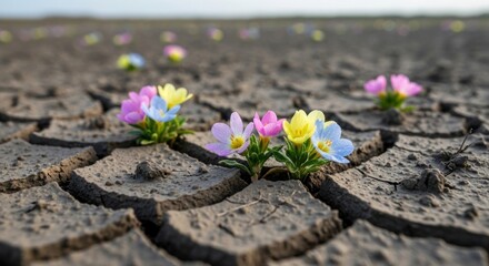 Flowers growing out of cracked earth in a dry, arid landscape.
