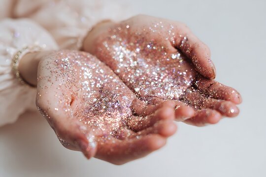 Close-up of hands covered in shimmering glitter, creating a festive and glamorous atmosphere with a touch of magic and beauty.