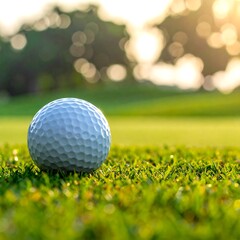 Obraz premium Golf ball on a putting green at sunset