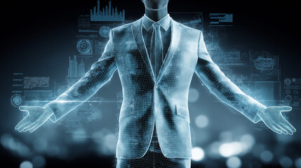 Entrepreneur surrounded by AI holograms and data streams