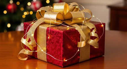 A beautifully wrapped red gift box with a gold ribbon and fairy lights on a wooden table.