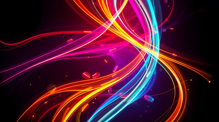 Vibrant Swirls of Neon Light Trails Dancing Across a Dark Background with Tiny Sparks
