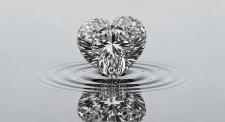 A heart-shaped diamond on a reflective surface with ripples.