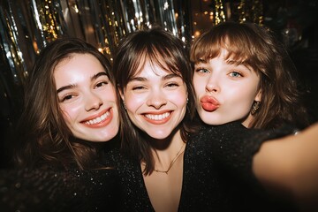 A joyful selfie of three beautiful young women celebrating together, dressed in stylish black dresses with glitter and sequins, radiating happiness and friendship.