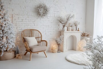 A cozy and elegant Christmas interior featuring a decorated tree, fireplace, and comfortable chair in a bright, minimalist setting.
