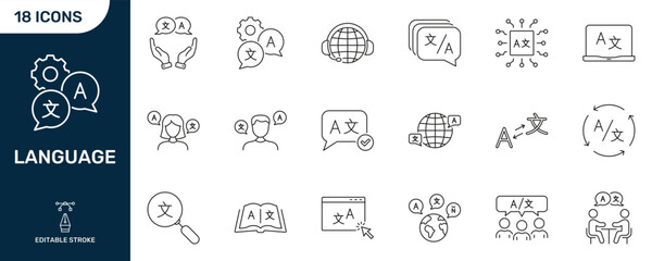 Language And Translation Line Icon Set. Global Communication And Multilingual Learning Outline Symbols. Editable Stroke. Isolated Vector Illustration